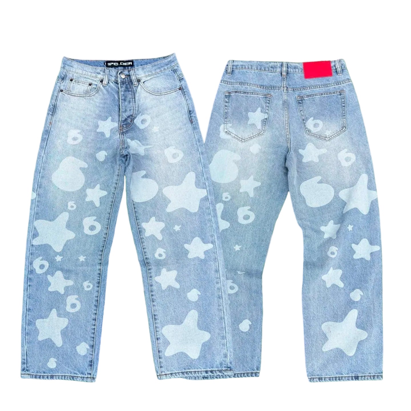 Sp5der white star 6 print light wash baggy denim jeans