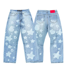Sp5der white star 6 print light wash baggy denim jeans