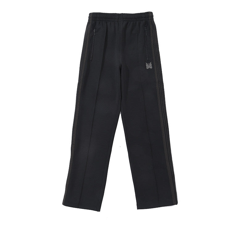 NEEDLES SILVER BUTTERFLY EMBROIDERY BLACK TRACK PANTS