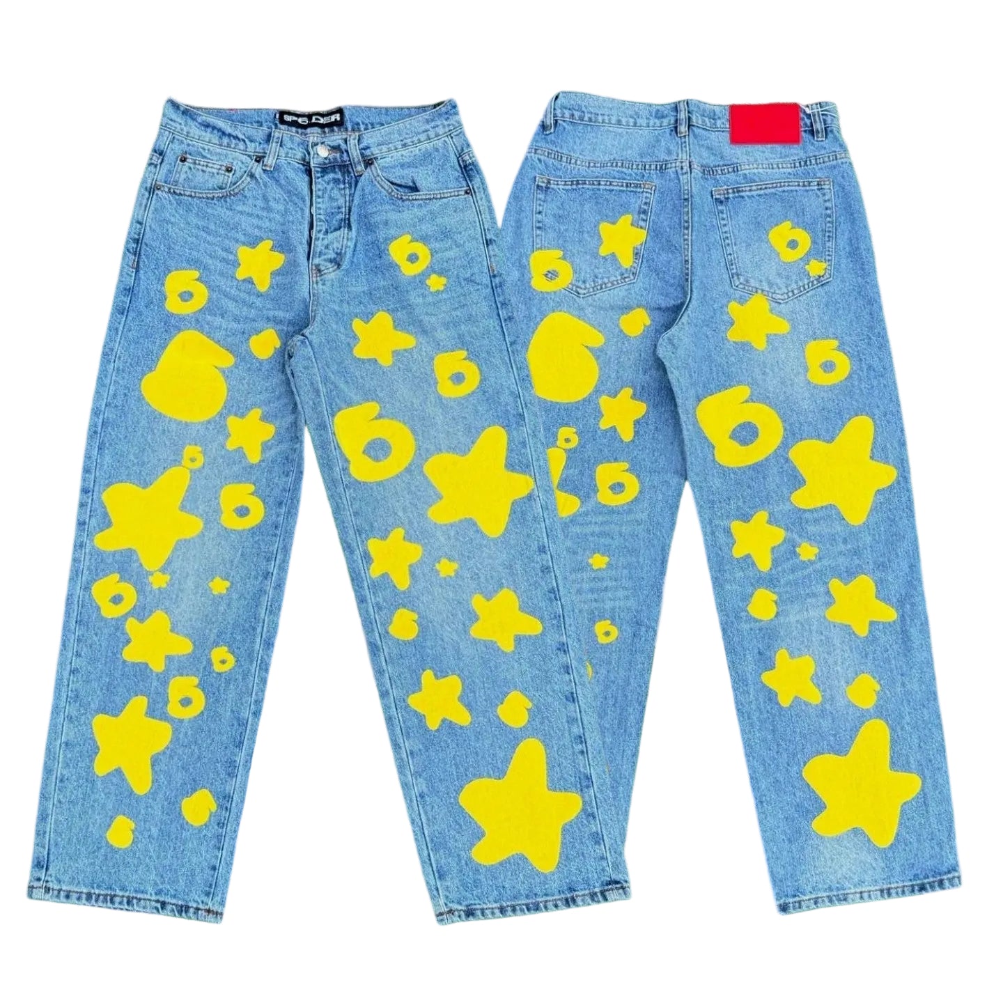 Sp5der yellow star 6 print light wash baggy denim jeans