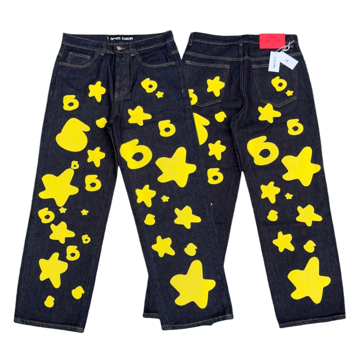 Sp5der yellow star 6 print raw indigo baggy denim jeans