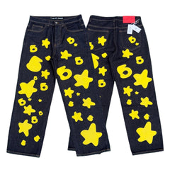 Sp5der yellow star 6 print raw indigo baggy denim jeans