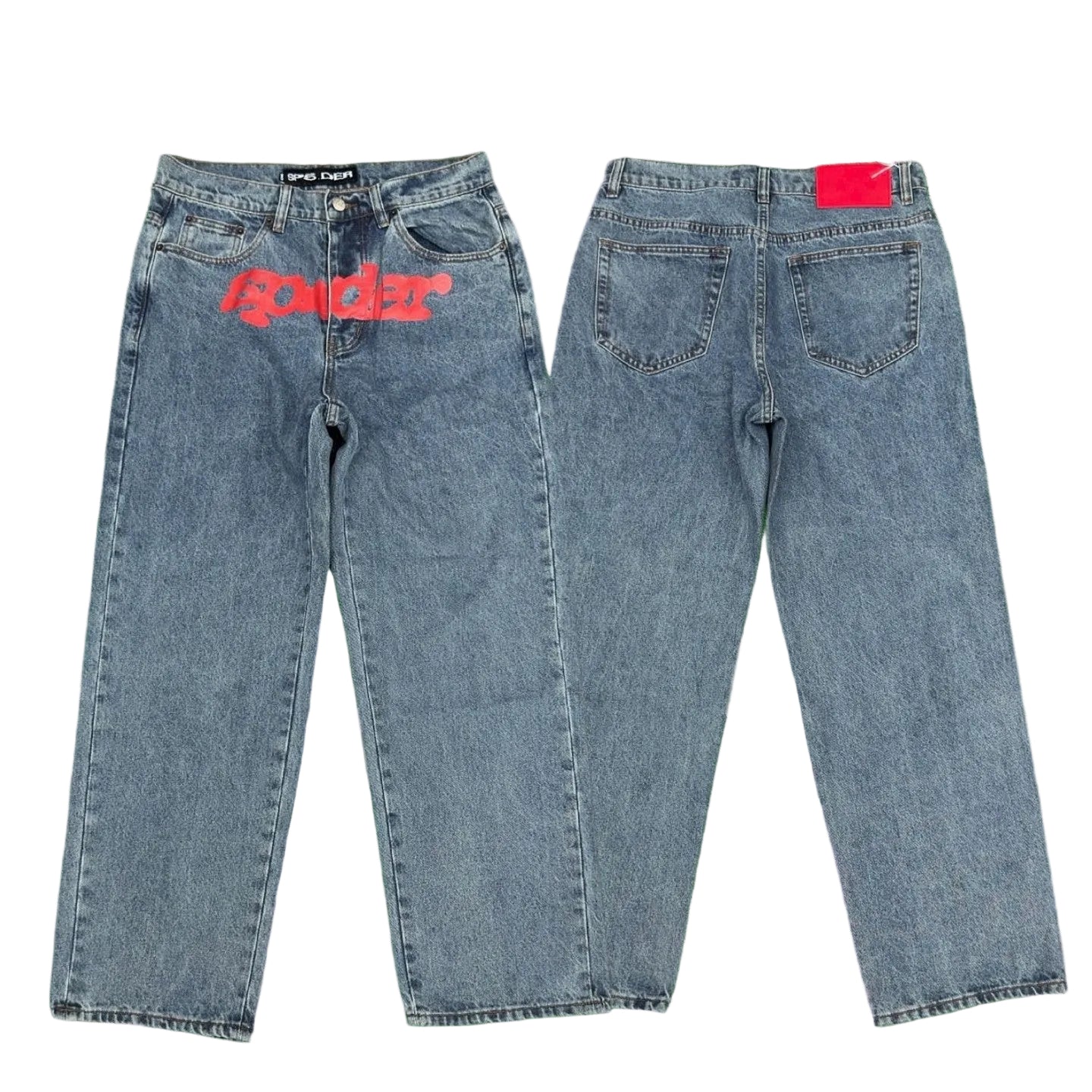 Sp5der red logo print light wash baggy denim jeans