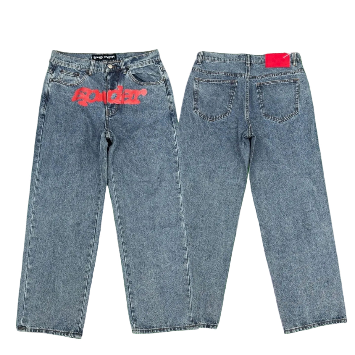 Sp5der red logo print light wash baggy denim jeans