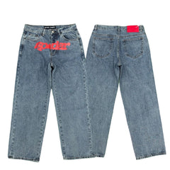 Sp5der red logo print light wash baggy denim jeans