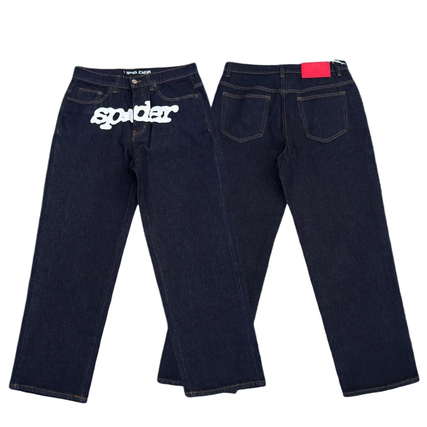 Sp5der white logo print raw indigo baggy denim jeans