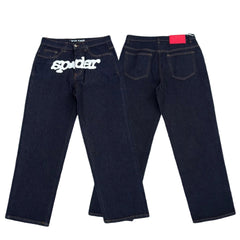 Sp5der white logo print raw indigo baggy denim jeans